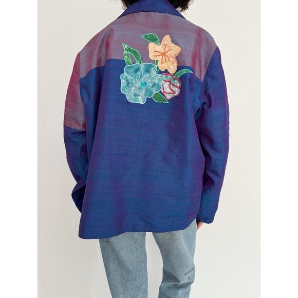 90s vintage blue shiny floral embroidered patchwork light silk button up jacket - Picture 6 of 10